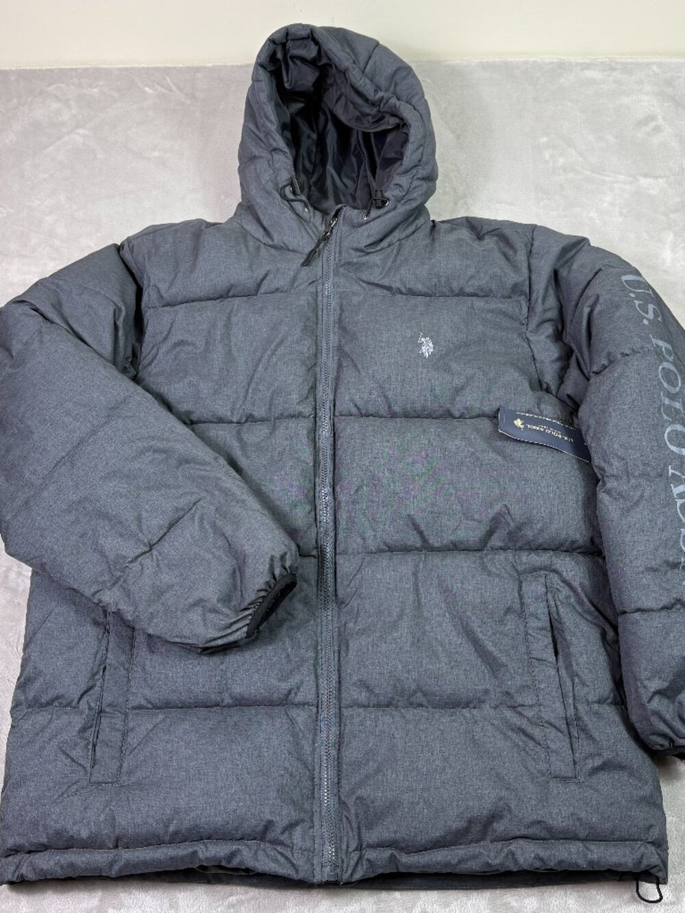 NWT 2XL XXL US Polo Assn Puffer Jacket Gray Logo Sleeve Hood Zip Pockets Lined